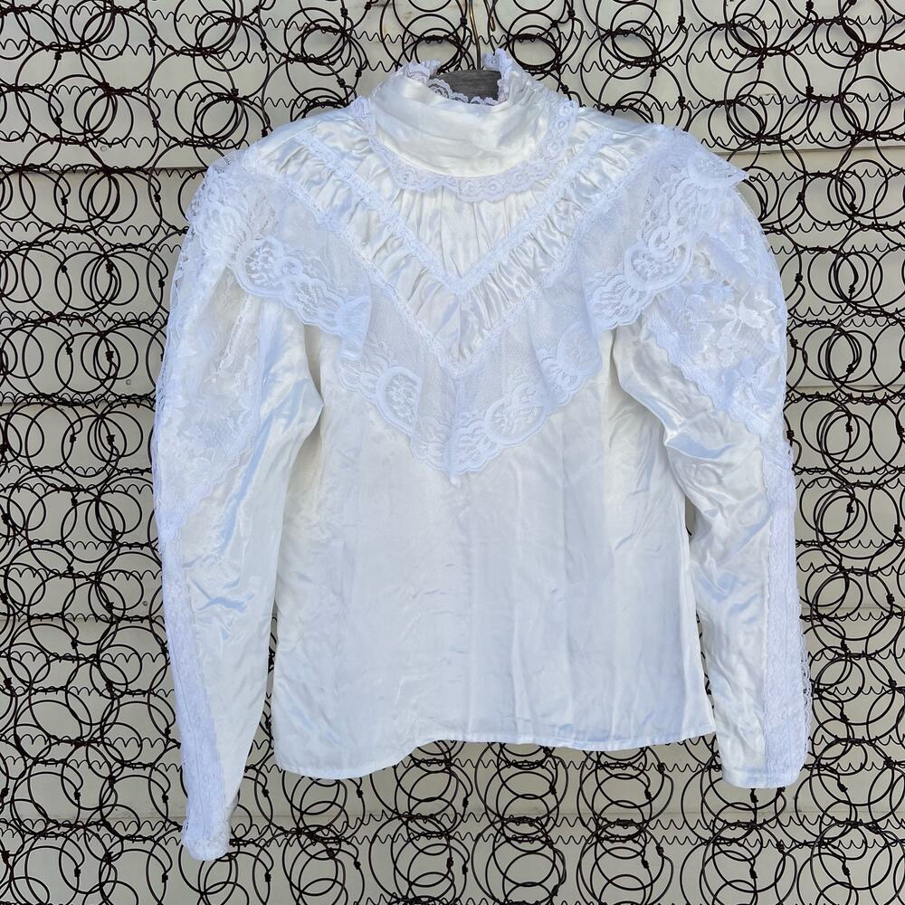 80s Gunne Sax Poets Blouse Ruffles Satin Lace Long Sleeve Modest White Size 5